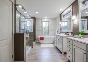 Bathroom with Custom Shower Mirror Hardware